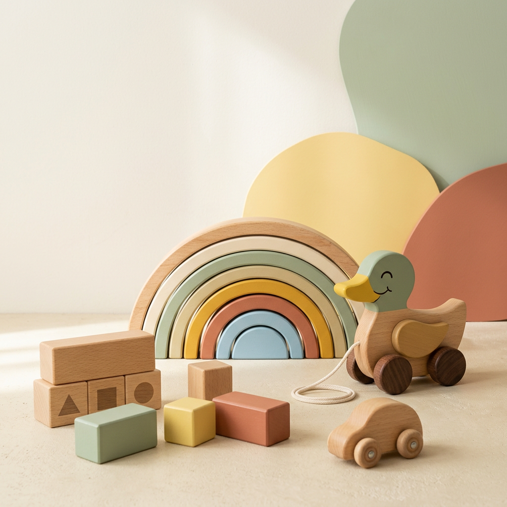 An arrangement of rainbow, pull-duck, block, and small car wooden toys